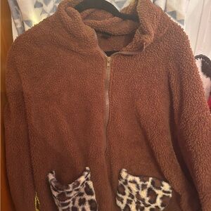 SHEIN Brown Fleece Jacket with Leopard Print Pockets